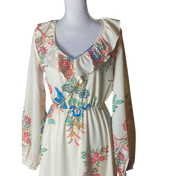 Boston Proper Flowy Boho Floral Ruffle Smocked Long Sleeve Maxi Dress Wm’s Sz 4 - Picture 2 of 7